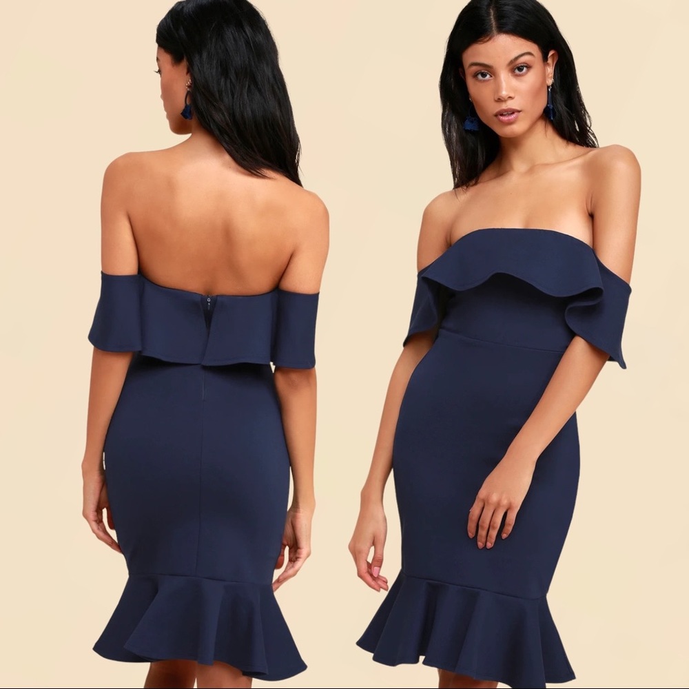 LULUS Confidence Boost Navy Blue Off-the-Shoulder‎ Bodycon Dress S